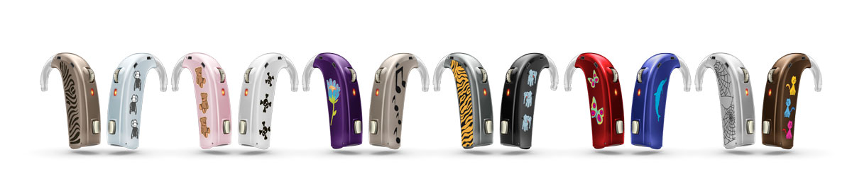 Oticon_Safari_Superpower_Farbauswahl-und-Aufkleber Muster, Farben und so das ganz individuelle Gerät für die Kleinen.