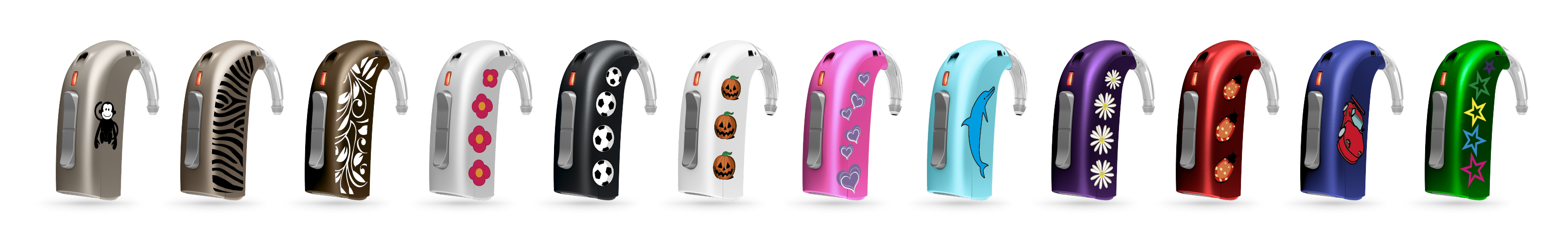 Oticon_Sensei_BTE_StandardHook_L_Color-range_with_stickers_100pctSize Bunte Geräte fürs kindliche Ohr.